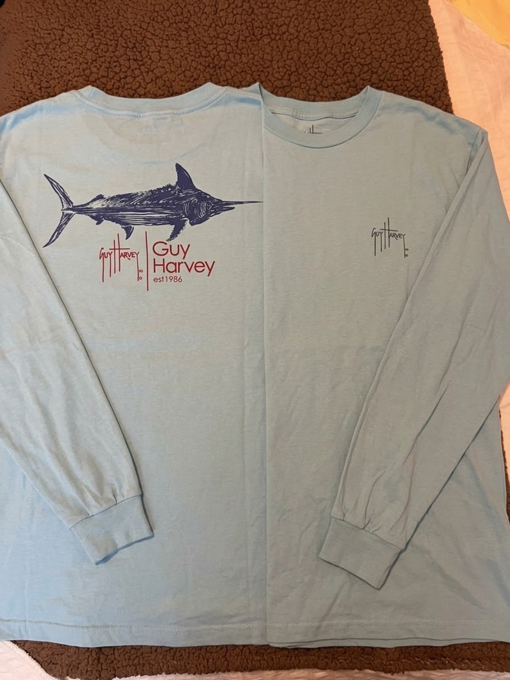 Guy Harvey Light Blue Long Sleeve Shirt with Navy Swordfish Graphic